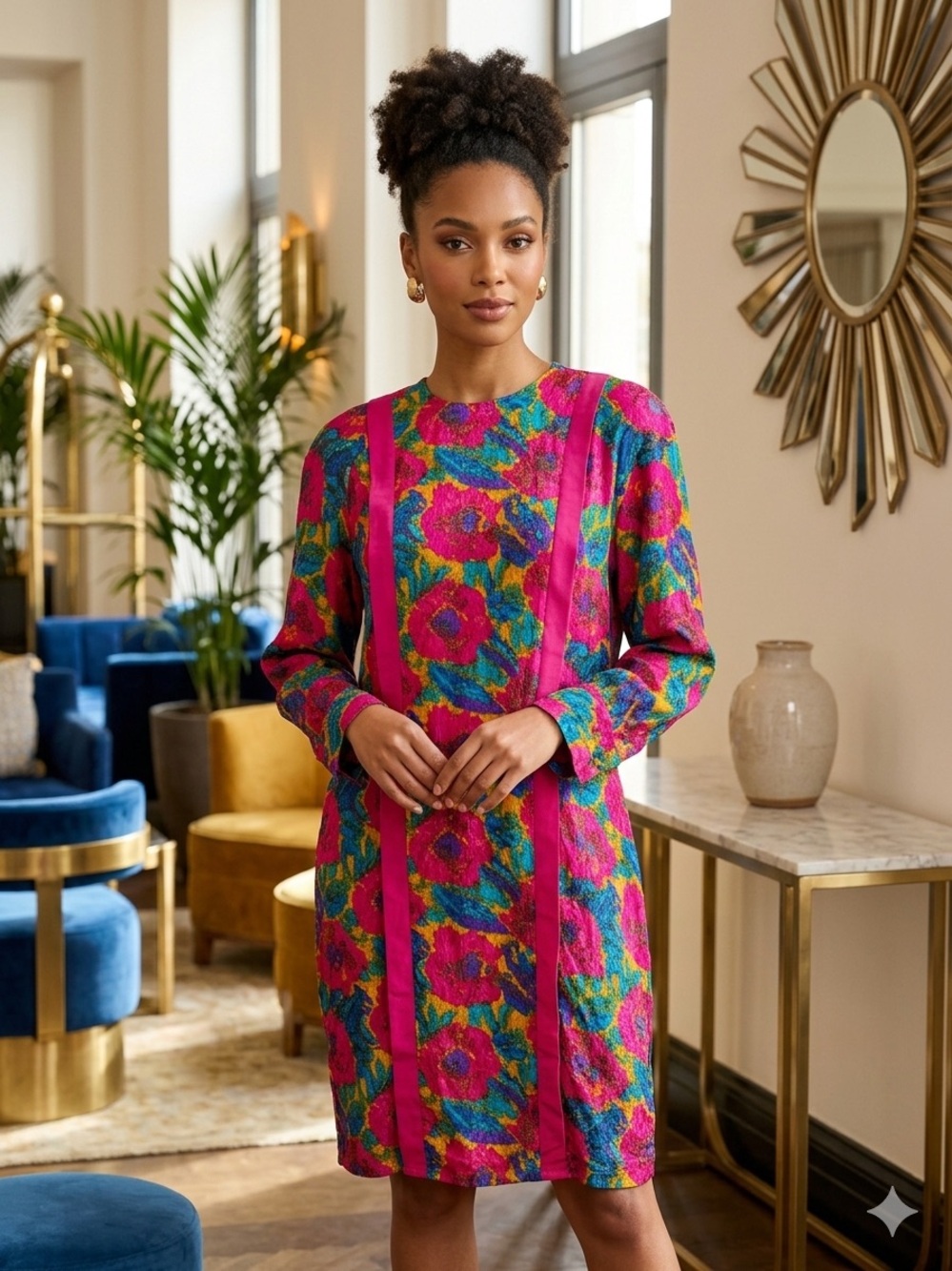 Vintage 1980s 100% Silk Bright Pink Floral Midi Dress with Long Sleeves